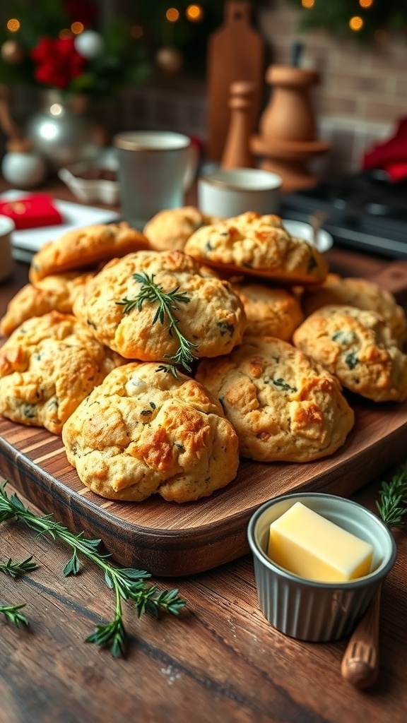Savory Christmas Baking: Herb and Cheese Scones Golden brown herb and cheese scones on a wooden board with butter and fresh herbs.